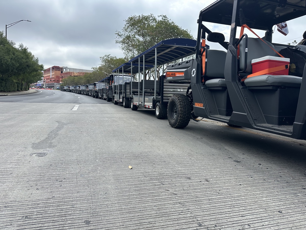 FlexTram tram staged on urban street for event transportation