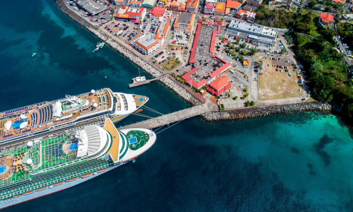 Aerial view of cruise ships docked at a Caribbean cruise terminal