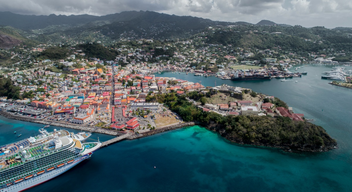 Aerial view of cruise terminal port with ships docked for passenger transport