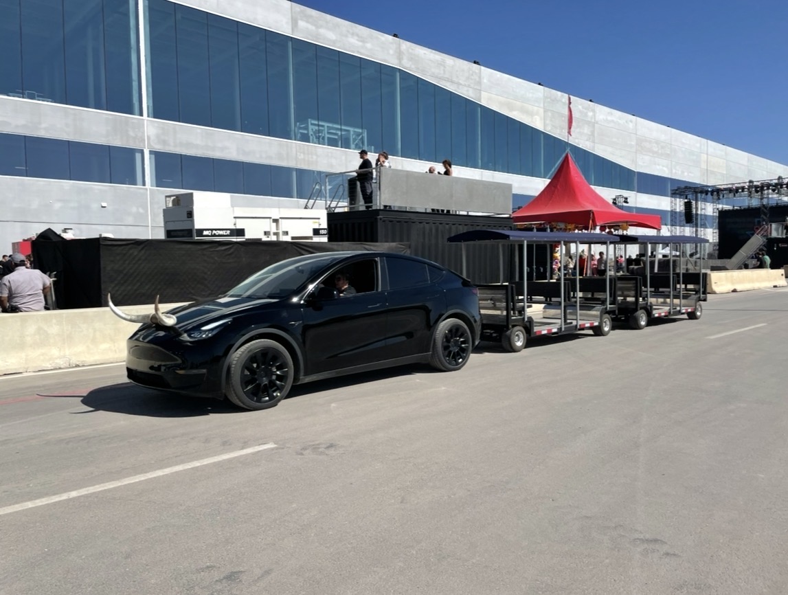 FlexTram guided tour tram at Tesla factory facility