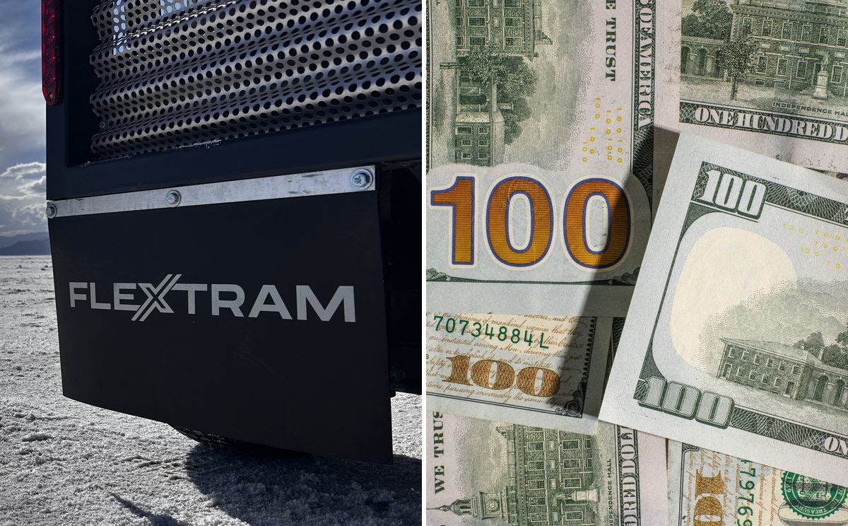 Split image of the FLEXTRAM logo on a tram mud flap on the Bonneville Salt Flats beside a spread of hundred-dollar bills