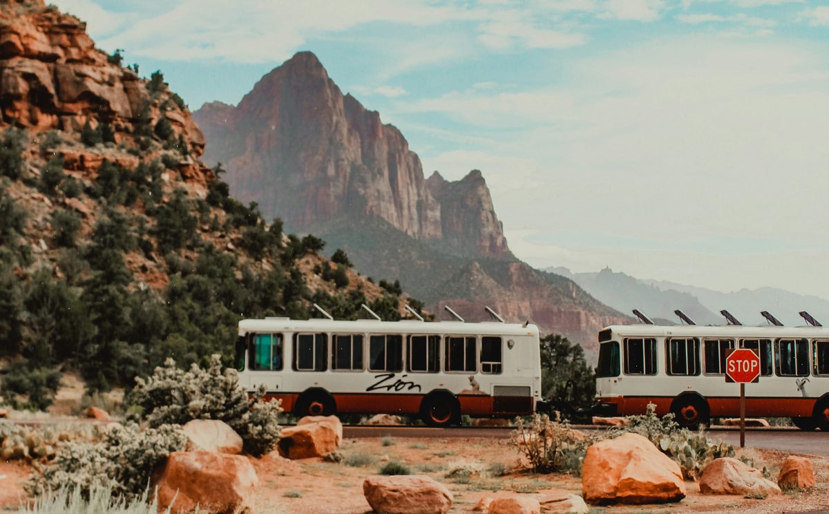 Two Zion National Park shuttle buses pass on the canyon road below The Watchman peak, with red rock and desert brush in the foreground