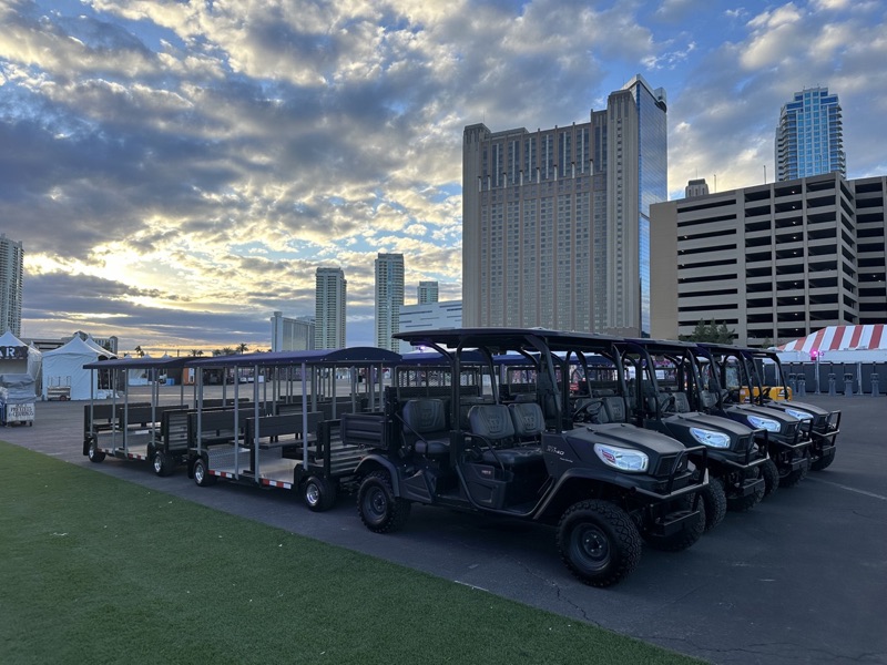 FlexTram fleet at Las Vegas Festival Grounds transporting event attendees