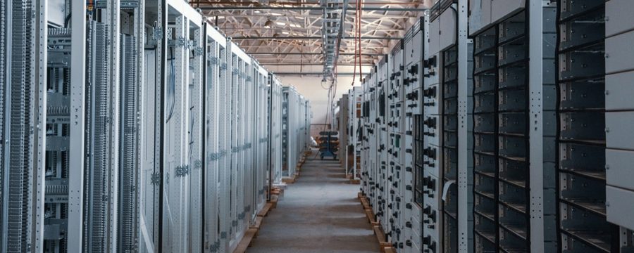 Electrical switchgear staged inside a data center under construction