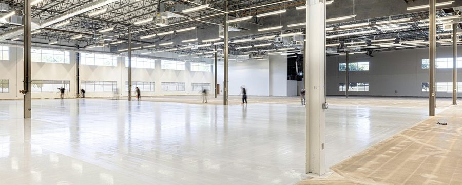 Newly completed industrial facility interior the day before a grand opening