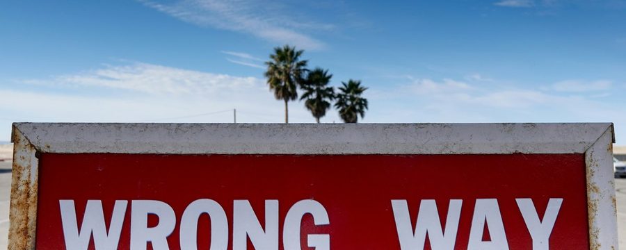 A weathered red WRONG WAY traffic sign with palm trees and a blue sky in the background, suggesting an event venue parking area